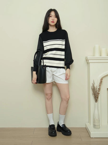 Lorentis Chevron Knit Stripe Sweater – Chiffon Sleeve Contrast Top