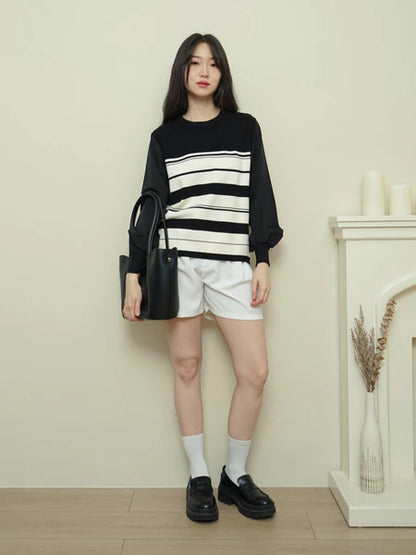 Lorentis Chevron Knit Stripe Sweater – Chiffon Sleeve Contrast Top