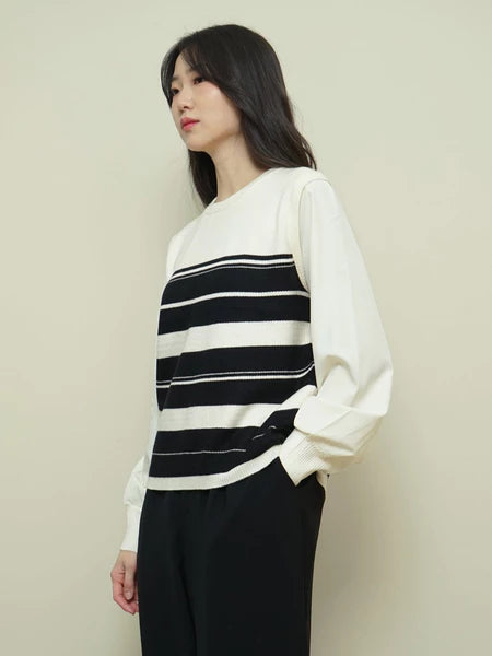 Lorentis Chevron Knit Stripe Sweater – Chiffon Sleeve Contrast Top