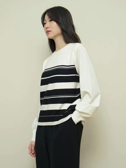 Lorentis Chevron Knit Stripe Sweater – Chiffon Sleeve Contrast Top