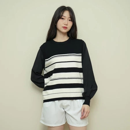 Lorentis Chevron Knit Stripe Sweater – Chiffon Sleeve Contrast Top
