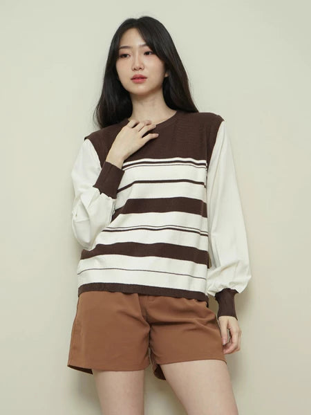 Lorentis Chevron Knit Stripe Sweater – Chiffon Sleeve Contrast Top