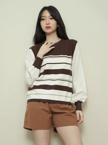 Lorentis Chevron Knit Stripe Sweater – Chiffon Sleeve Contrast Top