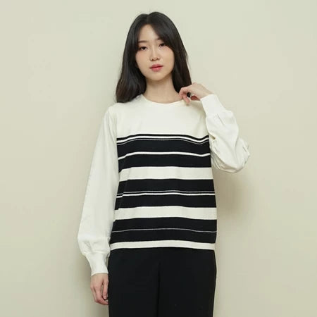 Lorentis Chevron Knit Stripe Sweater – Chiffon Sleeve Contrast Top
