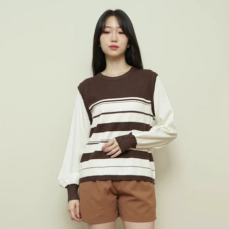 Lorentis Chevron Knit Stripe Sweater – Chiffon Sleeve Contrast Top